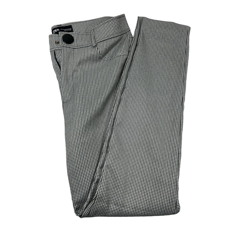 Zara Houndstooth High Rise Slim Pants Black White Trousers Size M‎ Stretch Work